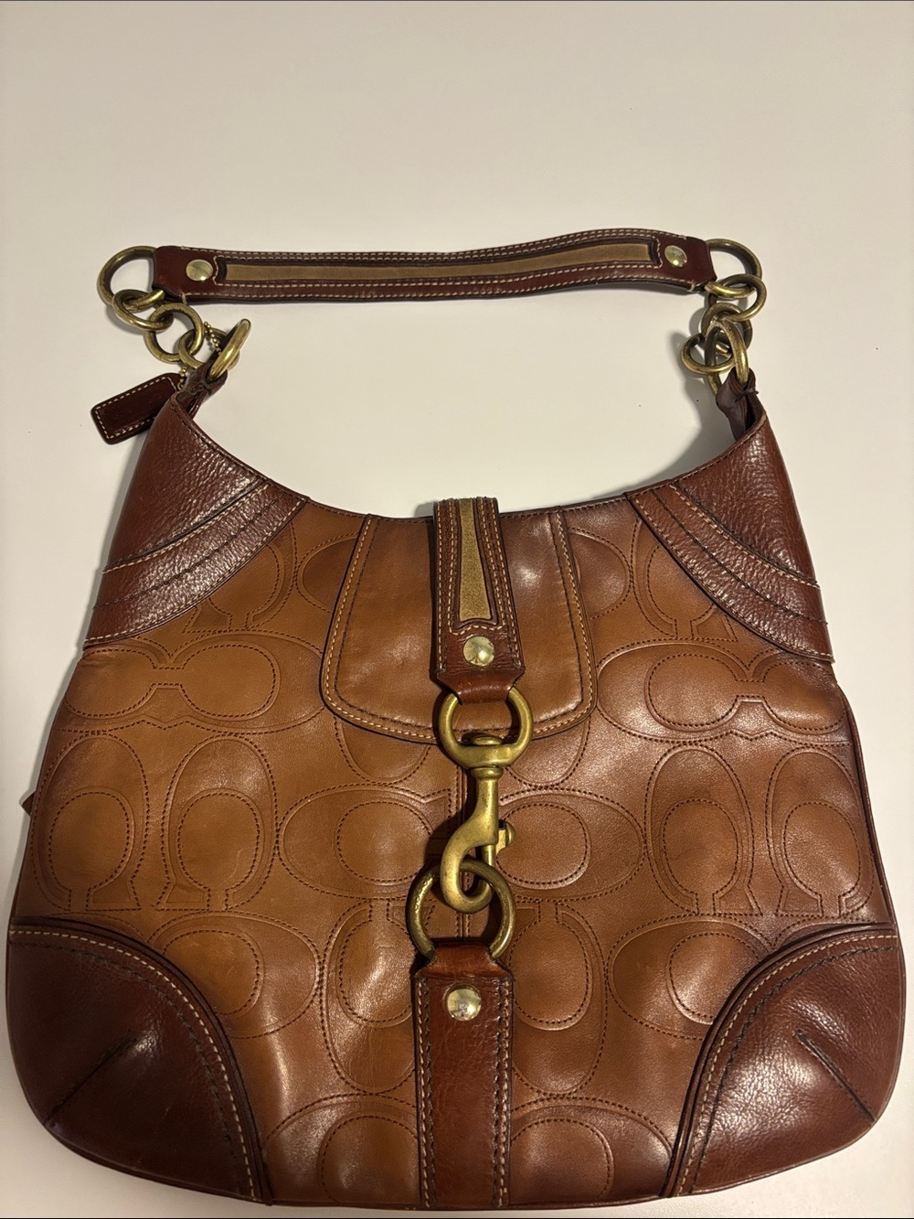 Coach Two-Tone Brown Leather Shoulder Bag with Signature C Pattern